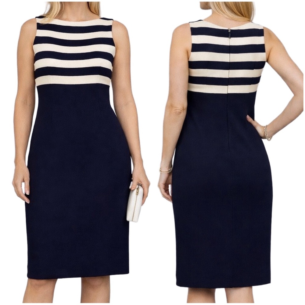 NWT St. John Collection Navy & Ivory Striped Wool Sheath Dress Women's size 16